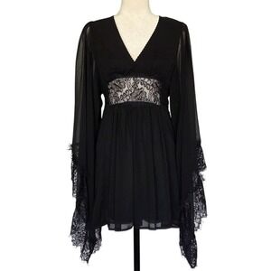 Current Mood Black Sheer Lace Bell Sleeve Mini Dress Size M Witchy Goth Festival